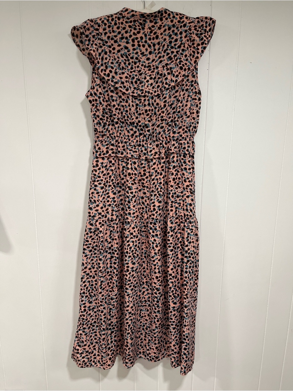 THML Pink Leopard Print Tiered Midi Dress Tassel Tie Boho Resort L cottagecore - Picture 3 of 10